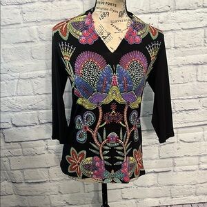 Eva Varro V-neck Top Bold Floral Print 3/4 Sleeves Size XS